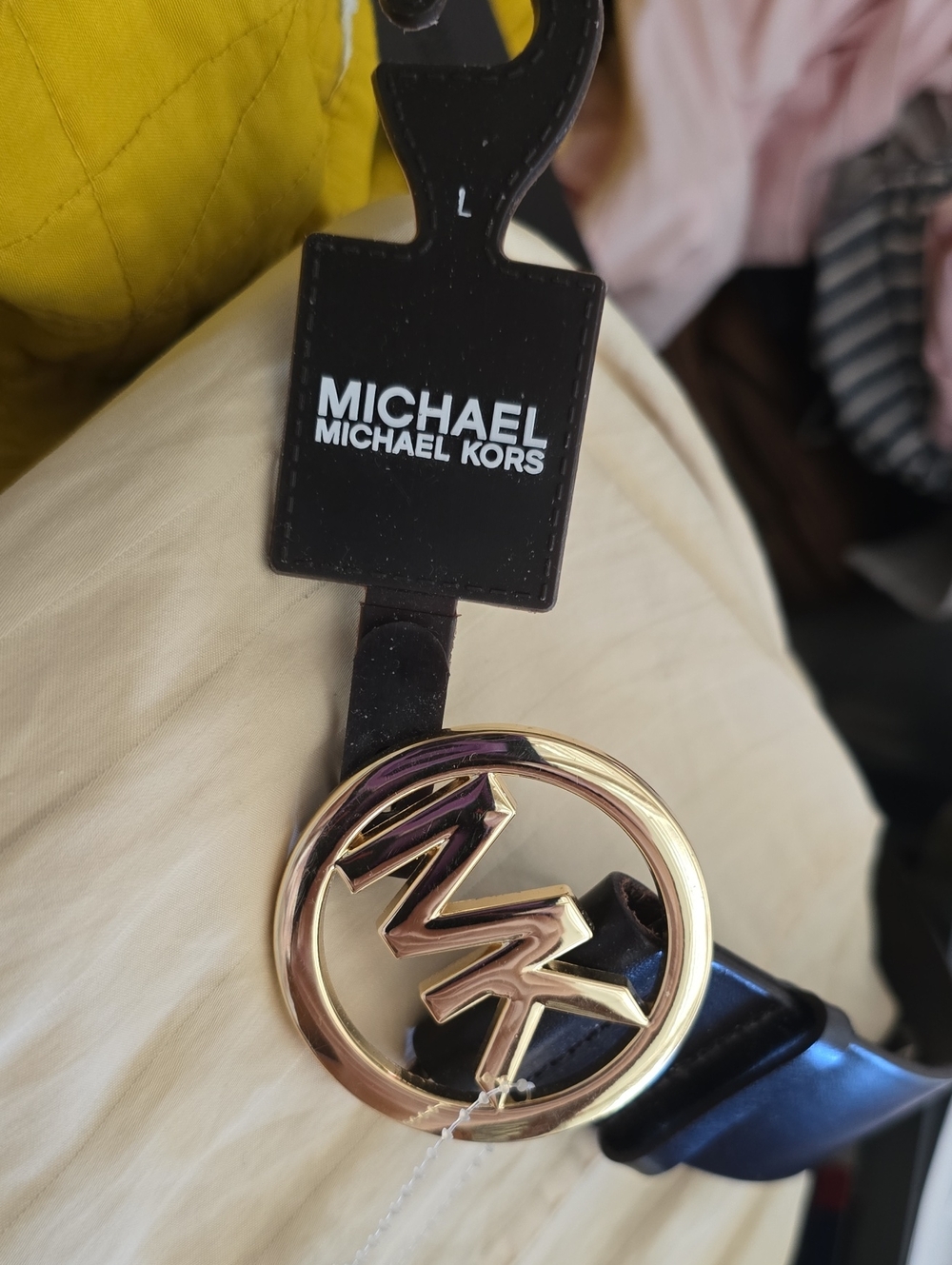 Michael Kors Womens Black Leather Belt with Gold Logo Buckle